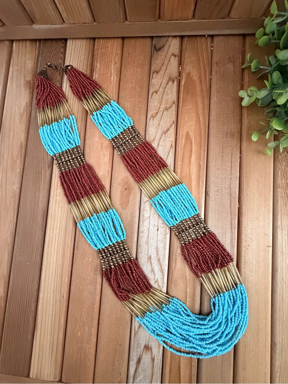 Multi-Strand Beaded Statement Necklace - Turquoise & Burgundy